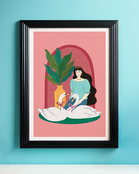 A Lady With Her Swans Art Print